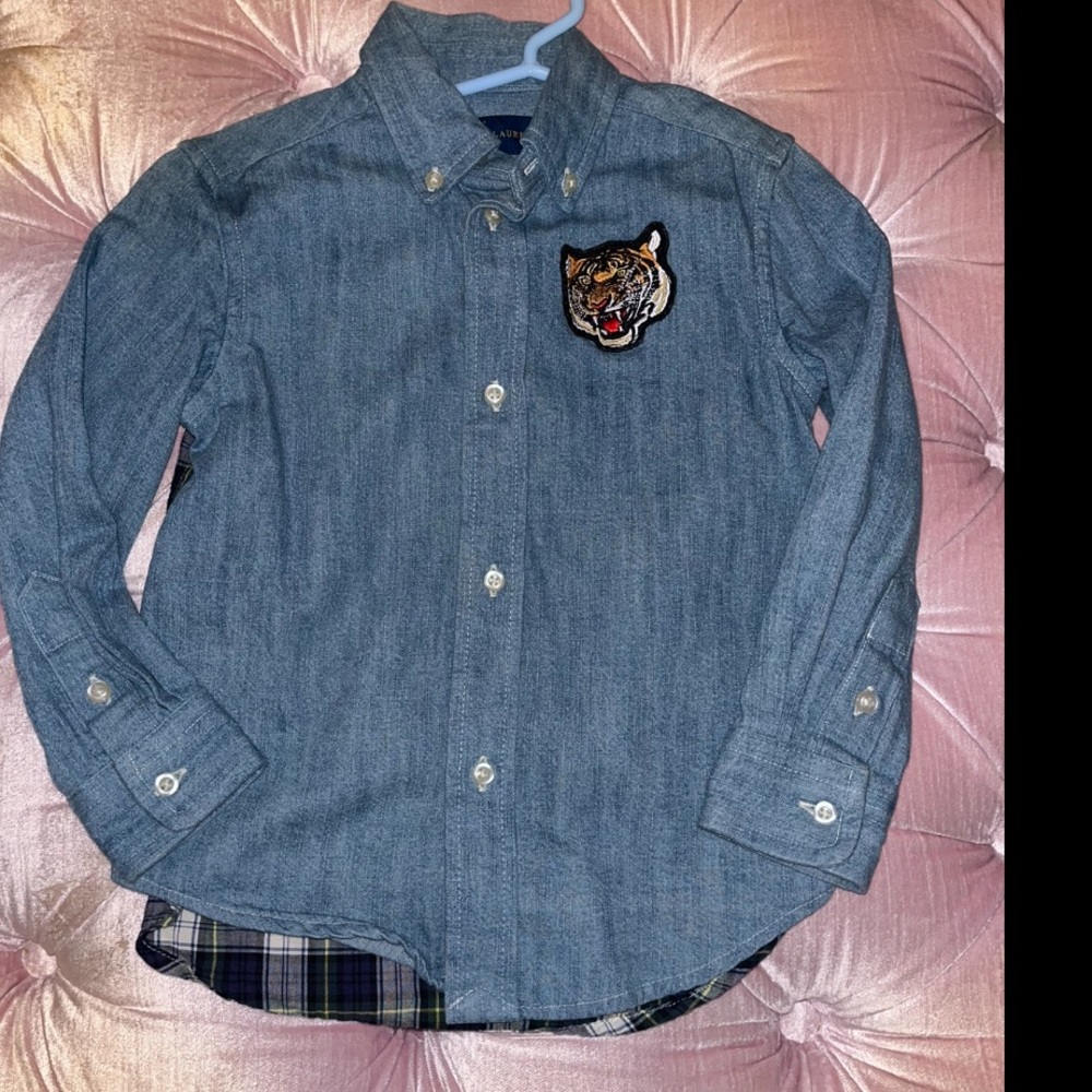 Polo denim button down. Size 3T. Excellent condition. Plaid back. Tiger patch.